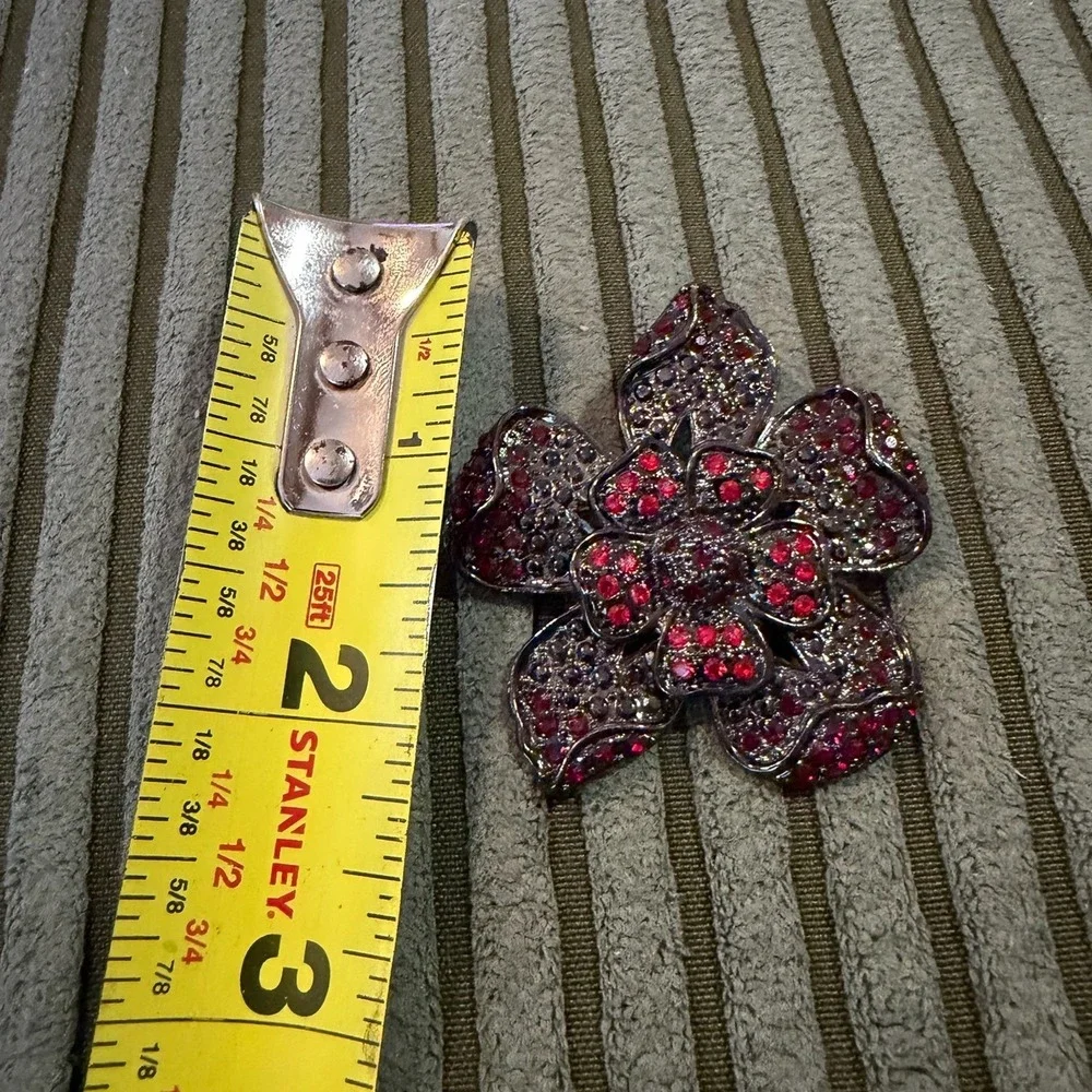 Red Rhinestone Flower Brooch Gunmetal Tone Floral Statement Pin‎